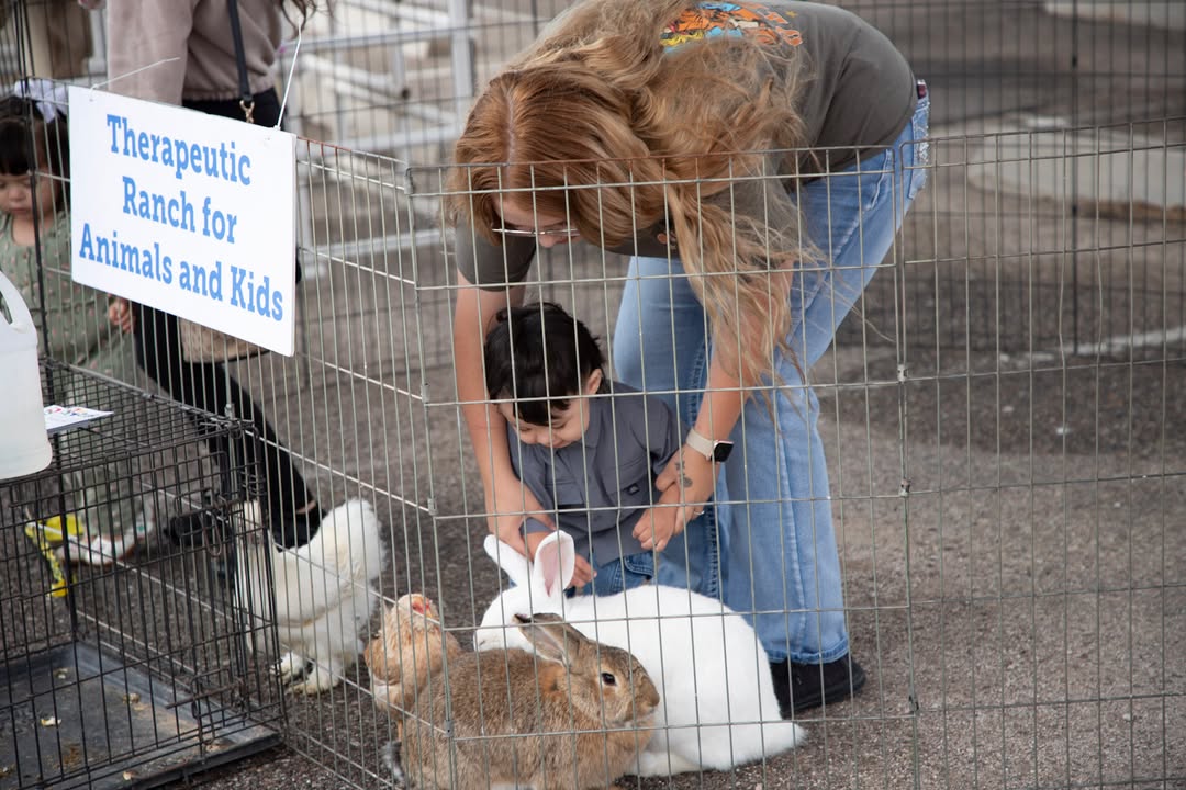 A woman and a little boy stand in a pen petting a white bunny